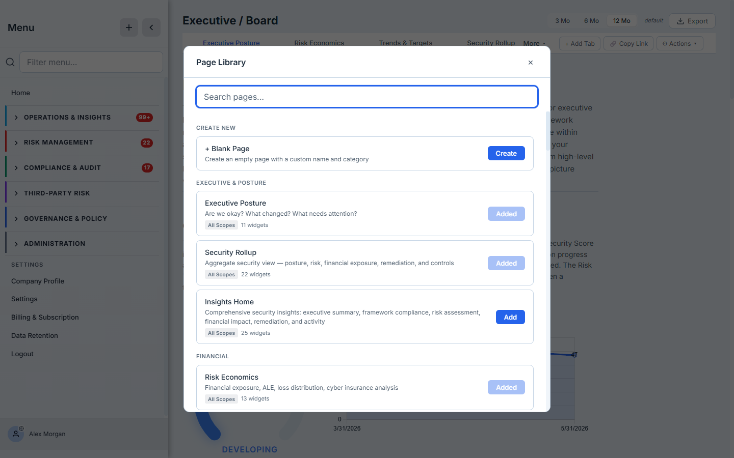 The Page Library — pre-built pages with descriptions and widget counts (Executive Posture · 11 widgets, Security Rollup · 22, Insights Home · 25, Risk Economics · 13), each Add-able, plus a Blank Page option.
