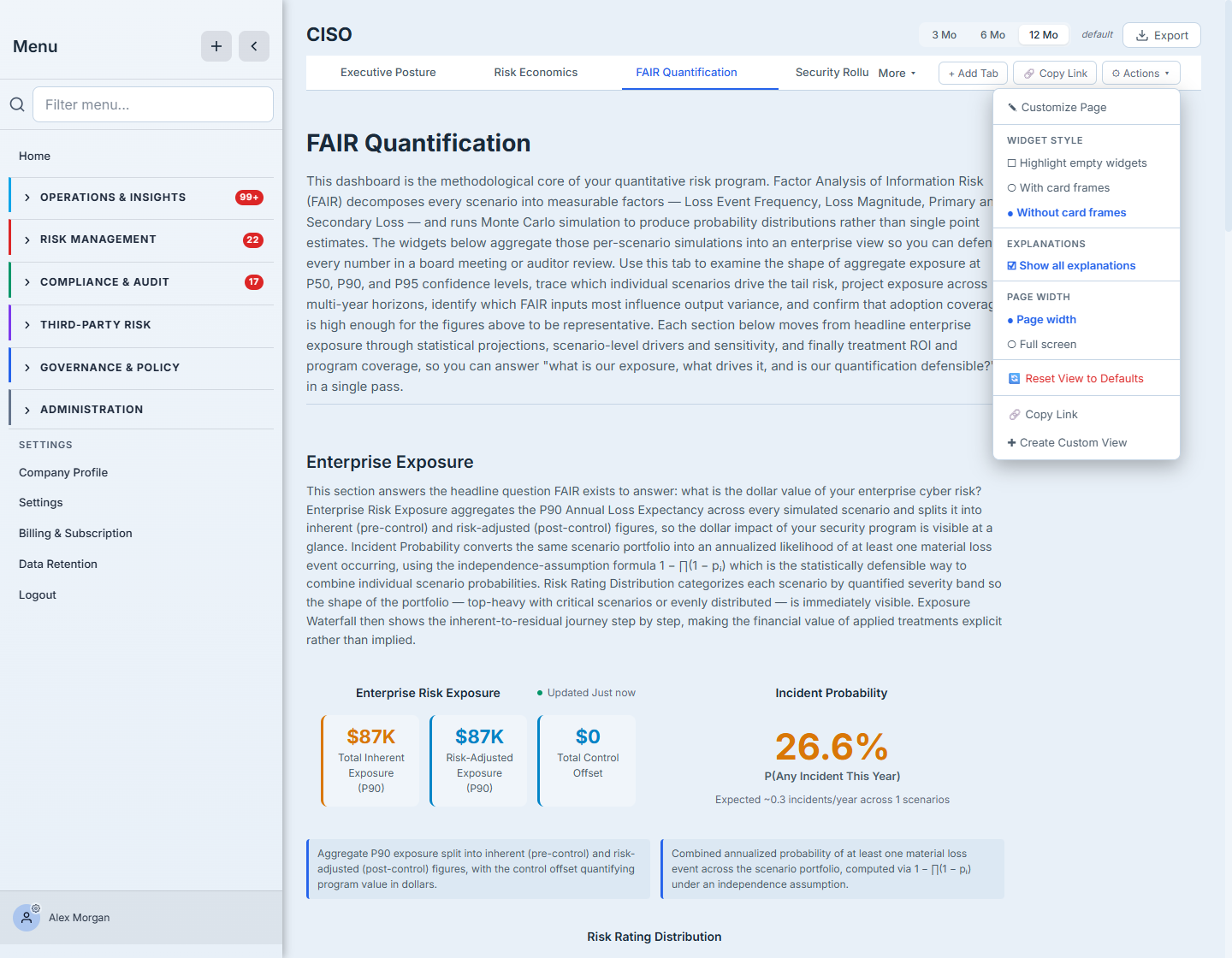 The Actions menu — Customize Page, widget-style toggles, page-width options, Reset View to Defaults, Copy Link, and Create Custom View.