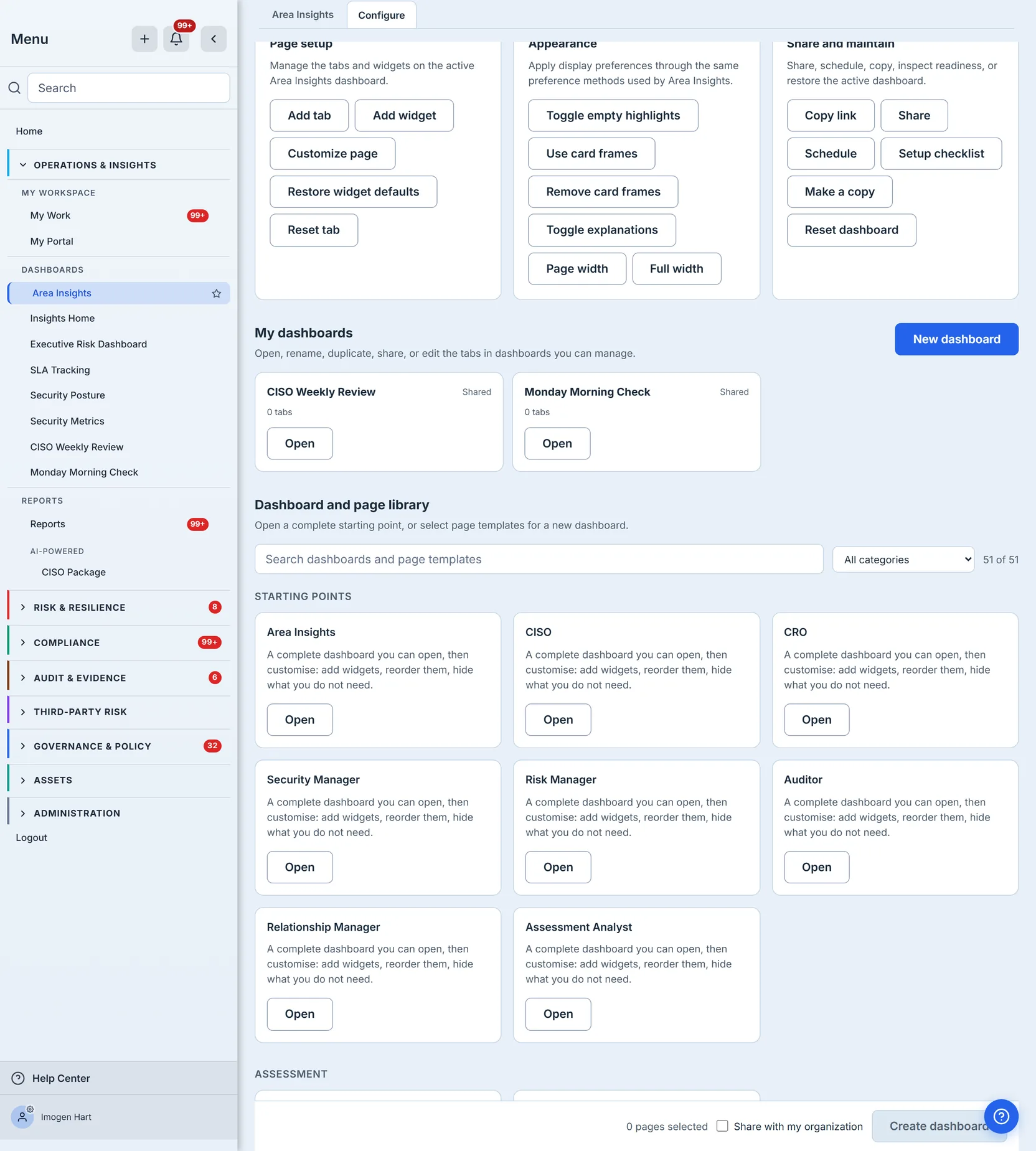 The Configure Dashboards page — the Page setup / Appearance / Share and maintain control panels, the My dashboards list showing two org-shared dashboards, each labelled Shared with its tab count and an Open button, beside a New dashboard button, and the library below: a search box and category filter reading 51 of 51 above Starting points, which leads with Area Insights, CISO, CRO, Security Manager, Risk Manager, Auditor, Relationship Manager and Assessment Analyst.
