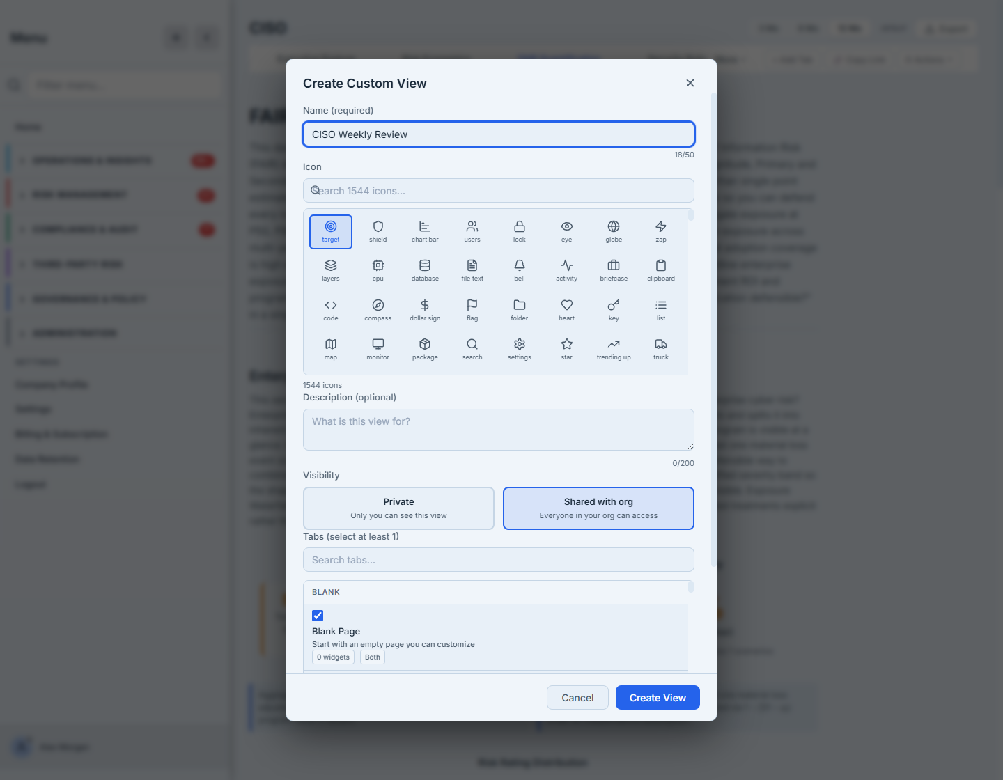 The Create Custom View dialog — a name field, an icon picker, a description, and the Visibility choice (Private "Only you can see this view" vs. Shared with org "Everyone in your org can access"), plus a tab selector.