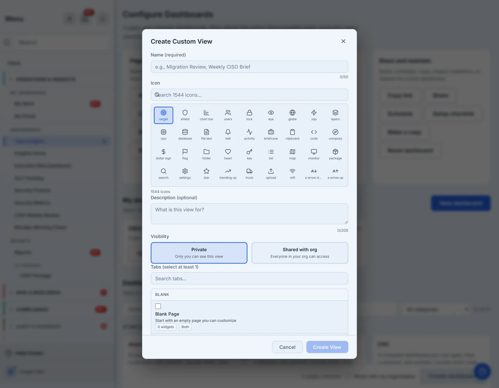 The Create Custom View dialog, filled in as "CISO Weekly Review" — a Name field with its 18/50 counter, an icon search narrowed to eleven shield icons with one selected, a Description with a 200-character counter, the Visibility pair (Private "Only you can see this view" and Shared with org "Everyone in your org can access", the second one chosen), and a searchable Tabs list led by a Blank category, each page carrying its widget count and its scope. Executive Posture and Security Rollup are ticked, the tray beneath reads 3 tabs selected, and Create View is enabled beside Cancel.