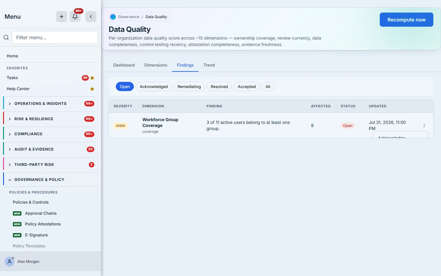 The row actions menu open on a finding, offering Acknowledge, Mark remediating, Mark resolved, and Accept the risk.