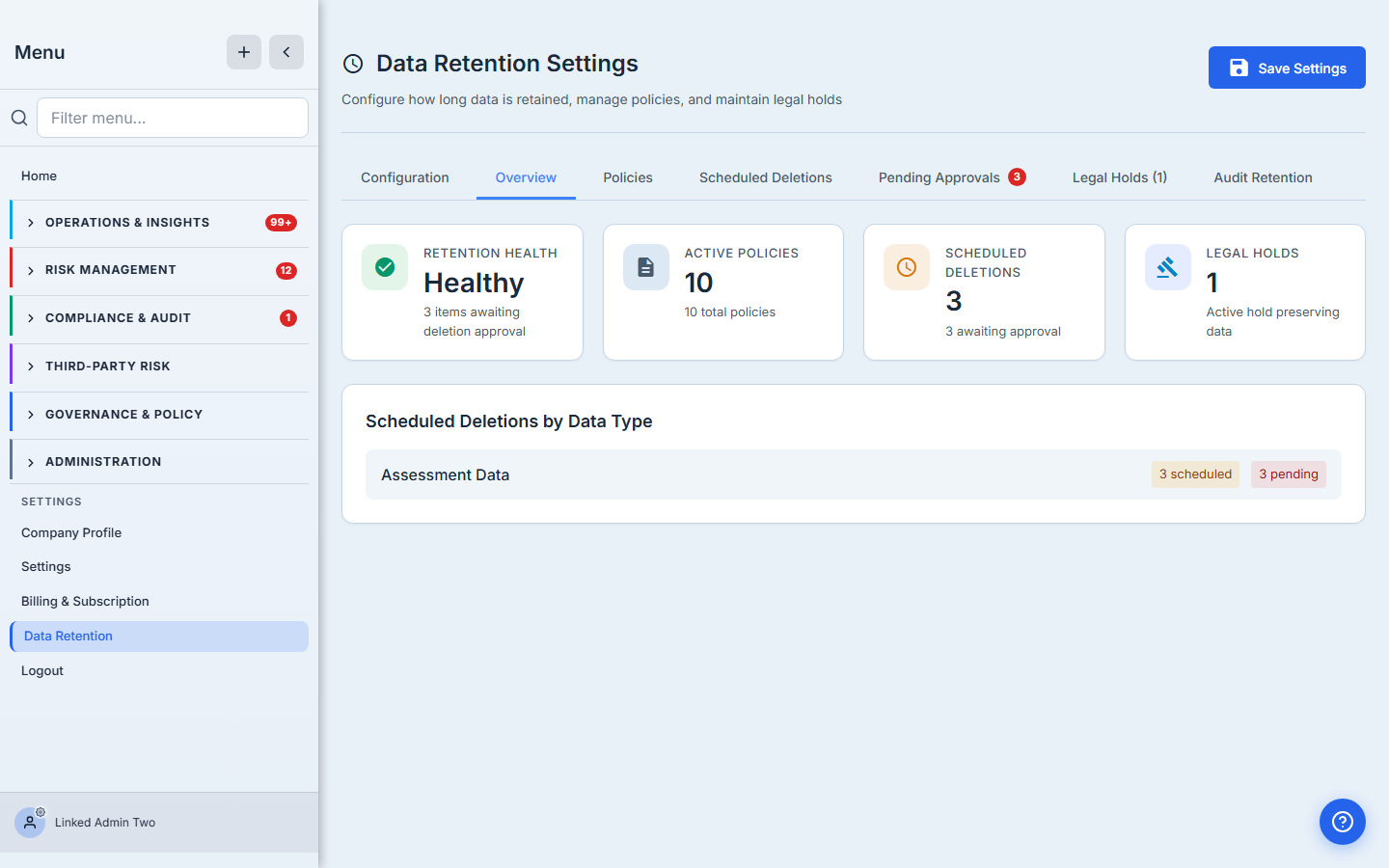 Overview — four status cards summarizing retention health, active policies, scheduled deletions, and legal holds.