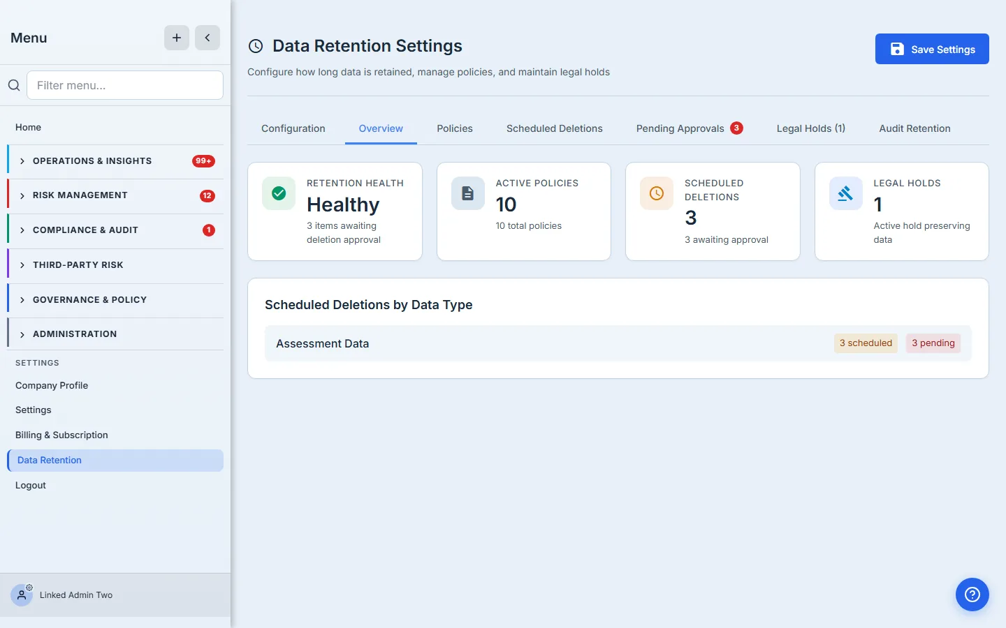 Overview — four status cards summarizing retention health, active policies, scheduled deletions, and legal holds.