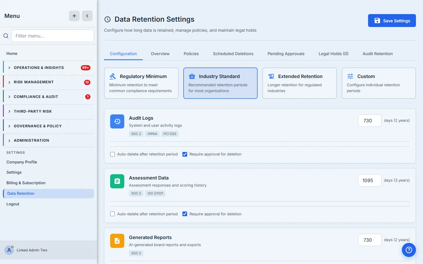 Per-category cards — retention-days input with a human-readable equivalent, regulatory tags, and two checkboxes per card.