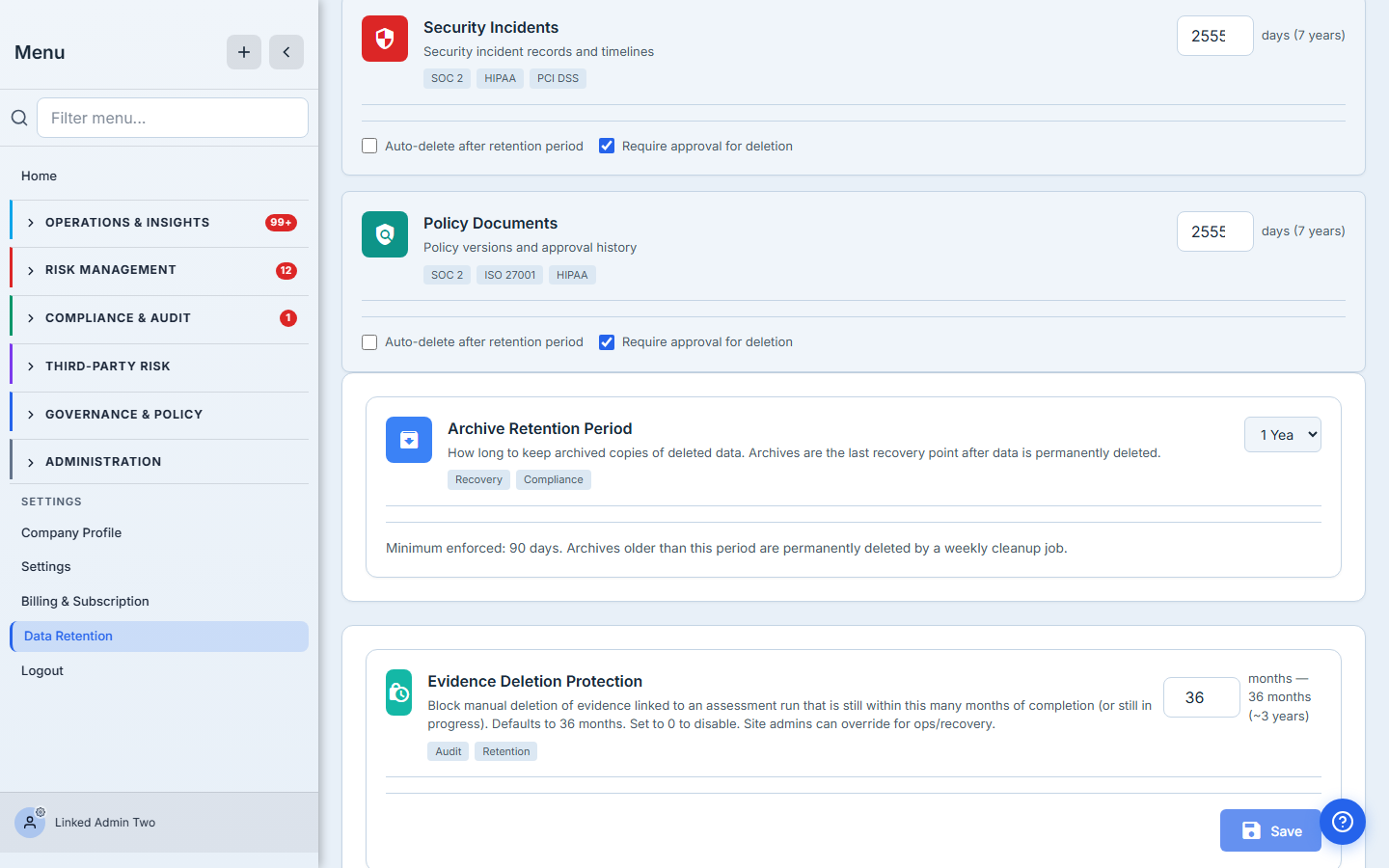 Archive retention dropdown and the evidence-deletion protection window at the foot of the Configuration tab.