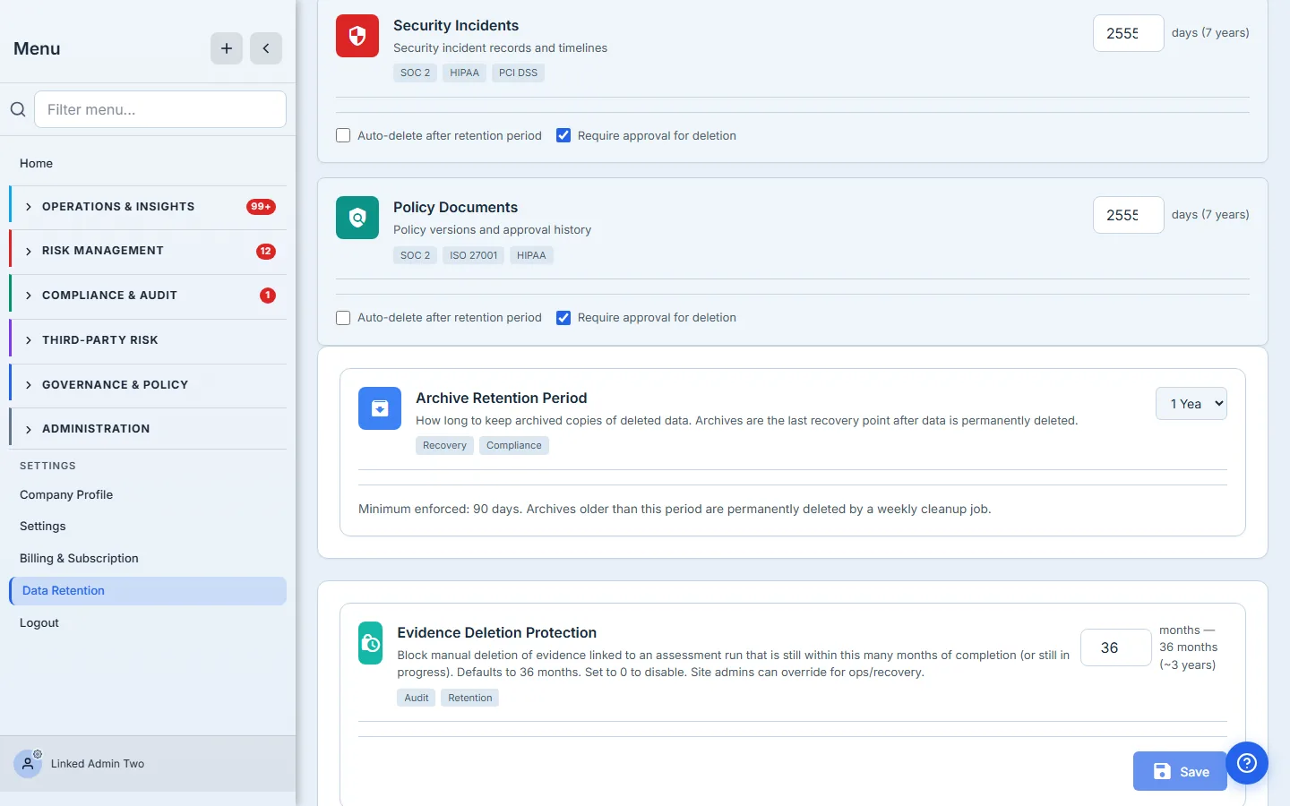 Archive retention dropdown and the evidence-deletion protection window at the foot of the Configuration tab.