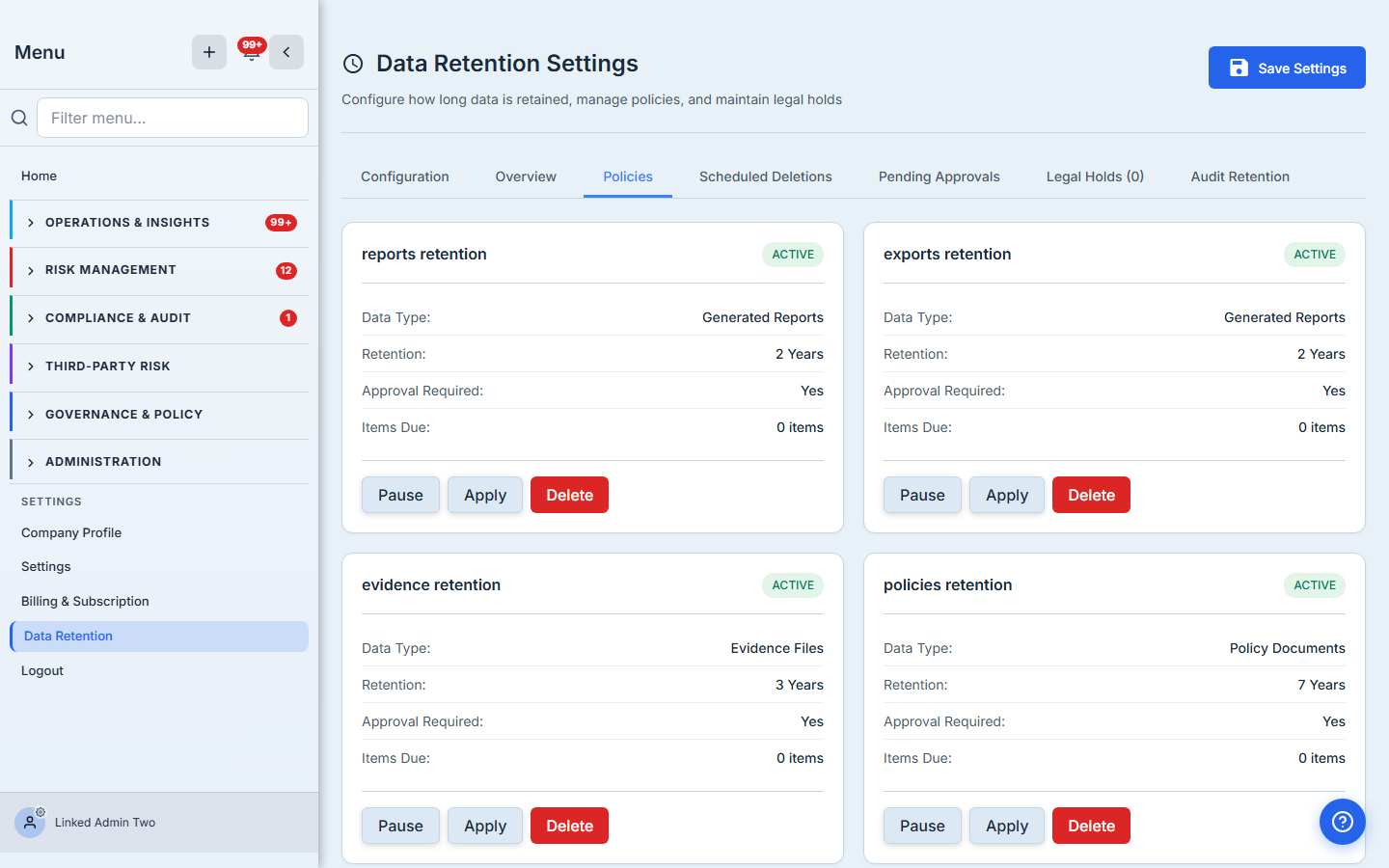 Policies tab — one card per category with Pause, Apply, and Delete actions.