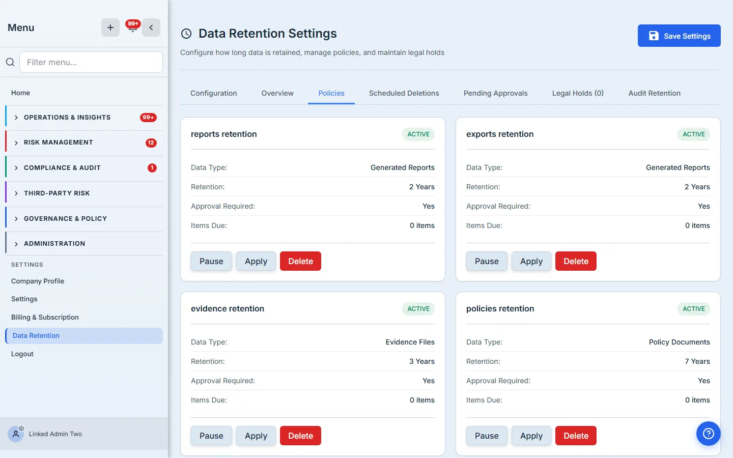 Policies tab — one card per category with Pause, Apply, and Delete actions.