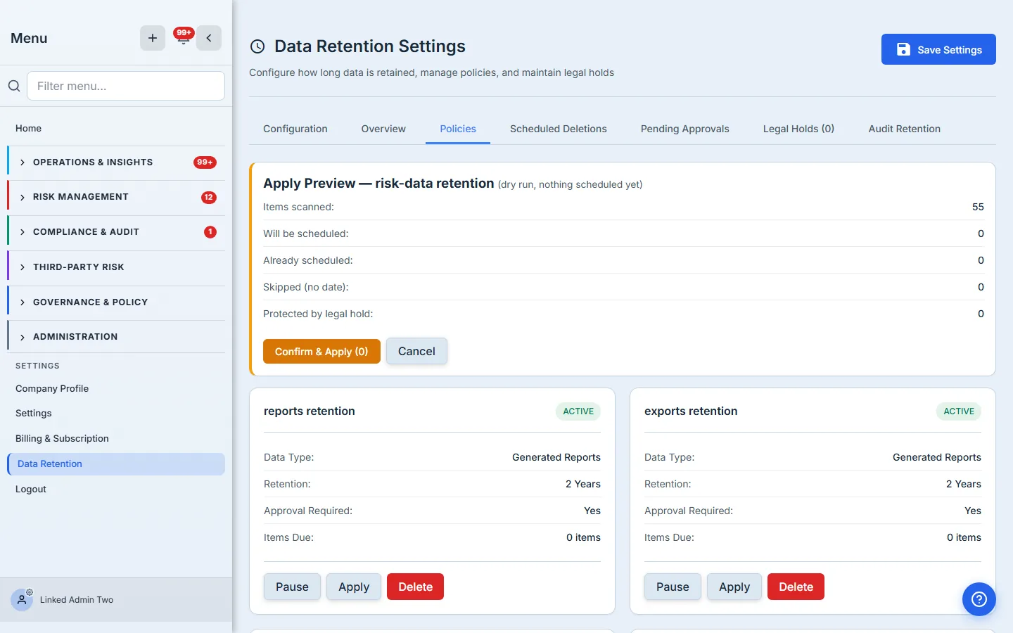 Apply preview — a dry run reporting items scanned, how many will be scheduled, how many are already scheduled, skipped, and protected by a legal hold. Nothing is committed yet.