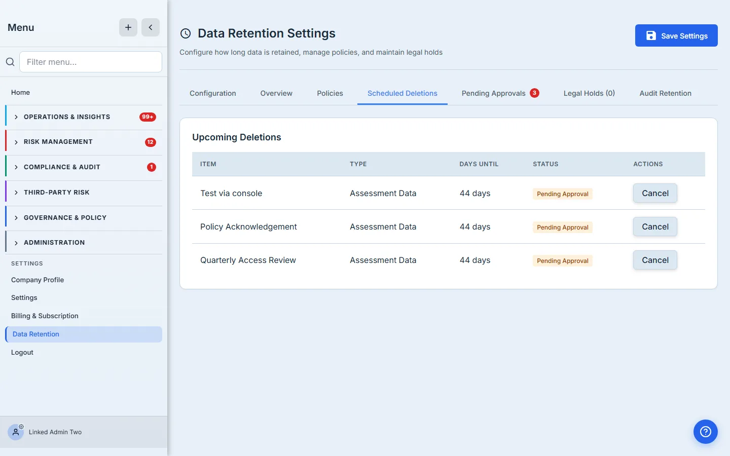 Scheduled Deletions — upcoming items with their data type, countdown, status, and a Cancel action per row.