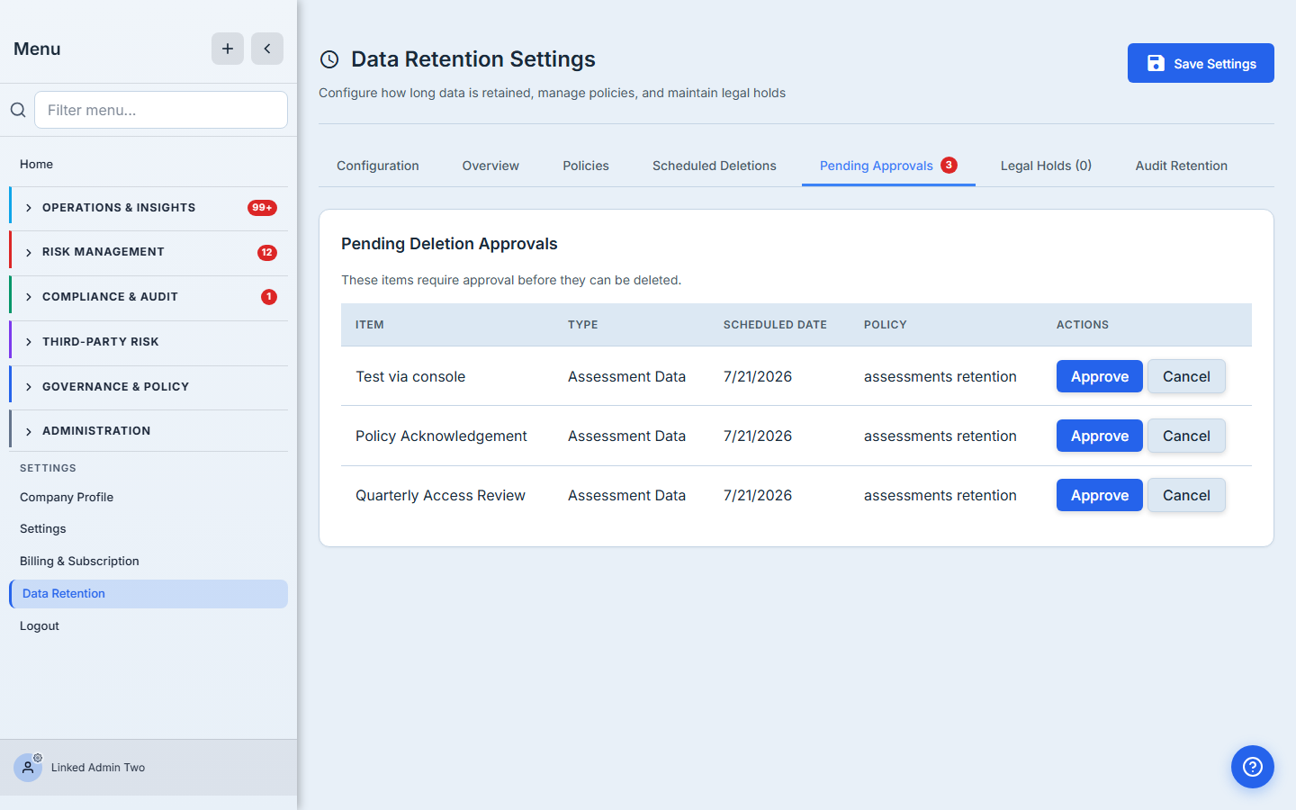 Pending Approvals — each scheduled deletion waiting on a second person, with Approve and Cancel actions.