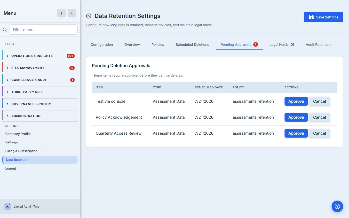 Pending Approvals — each scheduled deletion waiting on a second person, with Approve and Cancel actions.