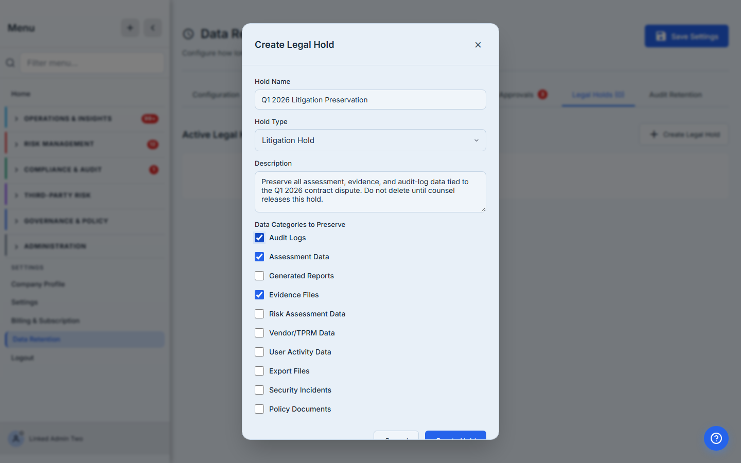 Create Legal Hold modal — name, hold type, description, and the data categories to preserve.