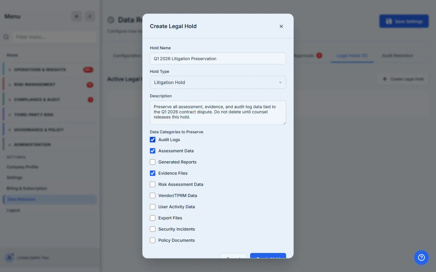 Create Legal Hold modal — name, hold type, description, and the data categories to preserve.
