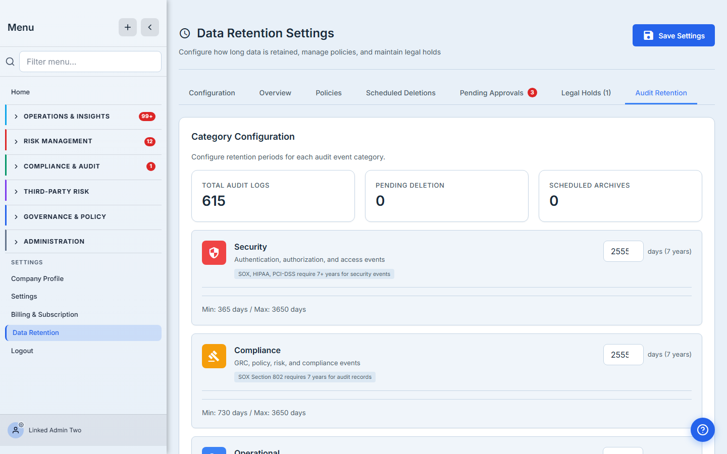 Audit Retention — per-category windows for Security, Compliance, Operational, and System events, each with min/max bounds and a compliance note.
