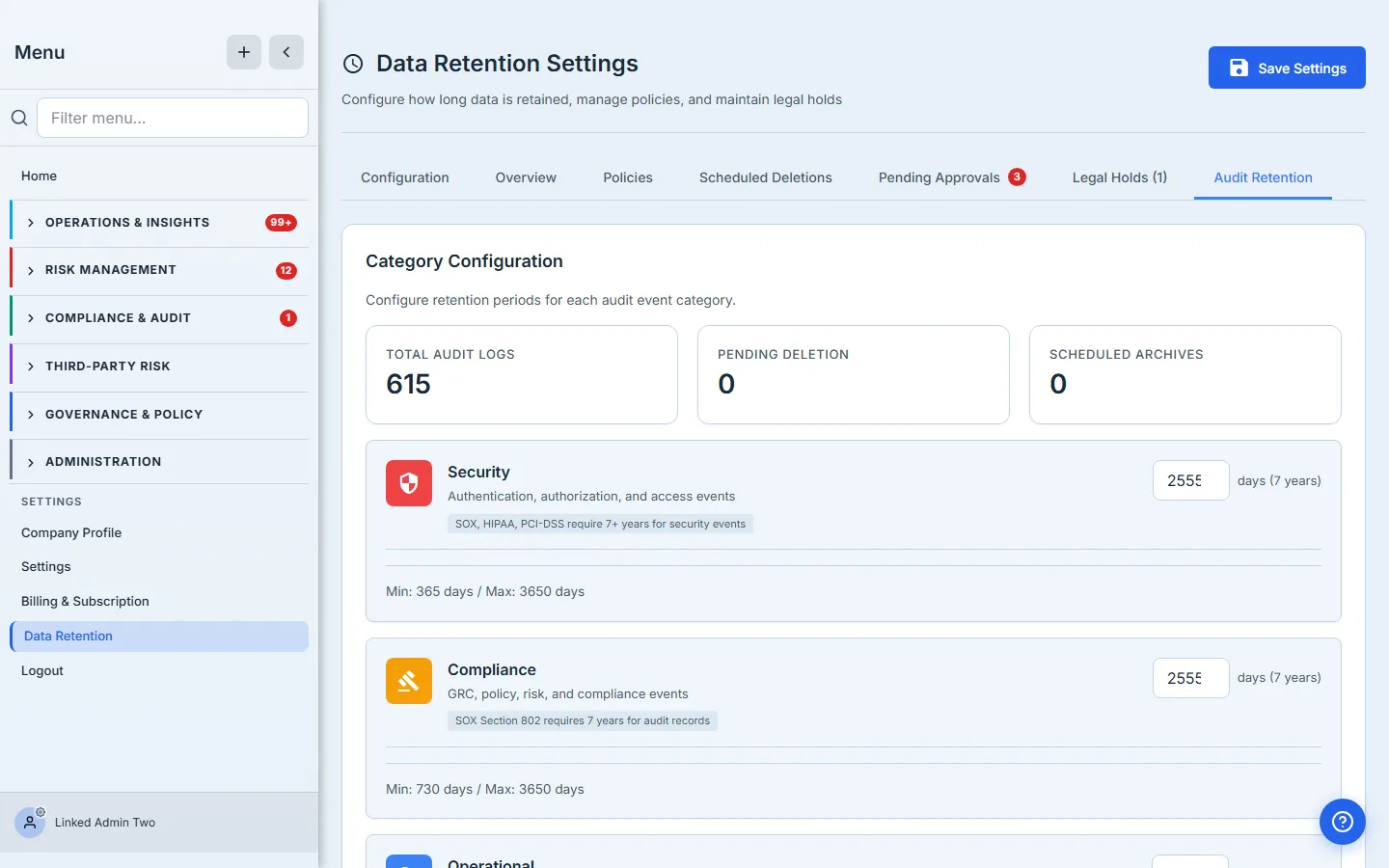 Audit Retention — per-category windows for Security, Compliance, Operational, and System events, each with min/max bounds and a compliance note.