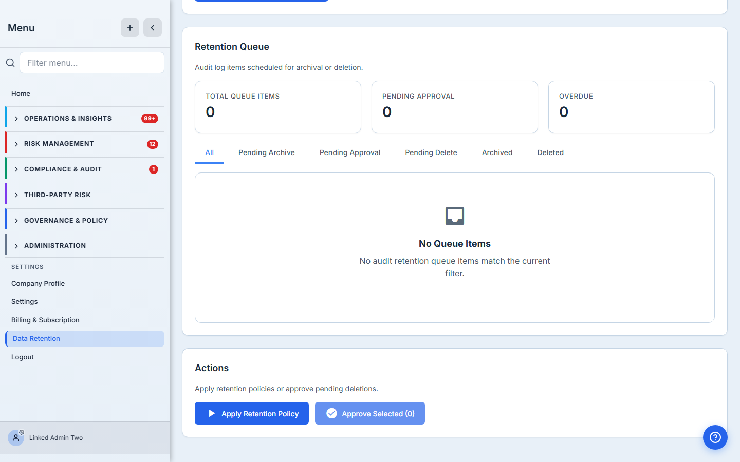 Audit retention queue with the per-status filter and the count cards above it.