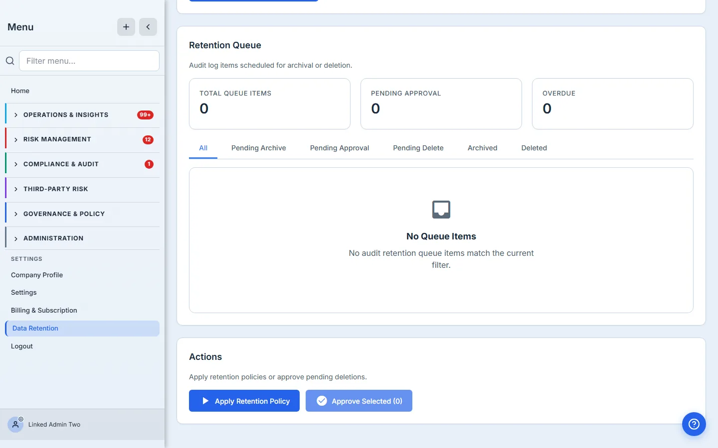 Audit retention queue with the per-status filter and the count cards above it.