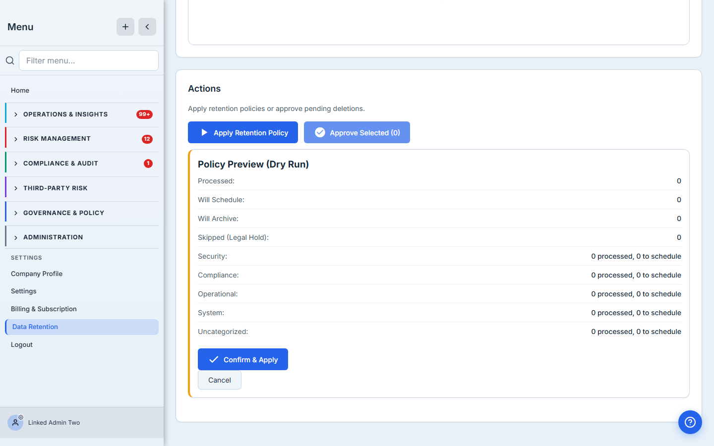Audit retention dry-run preview — processed, will-schedule, will-archive, and skipped-for-legal-hold counts, per category, before anything commits.