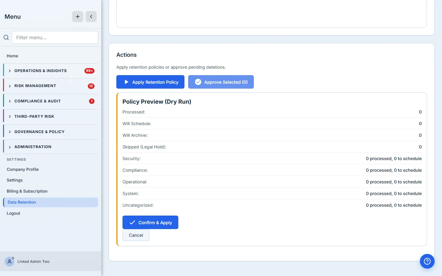Audit retention dry-run preview — processed, will-schedule, will-archive, and skipped-for-legal-hold counts, per category, before anything commits.