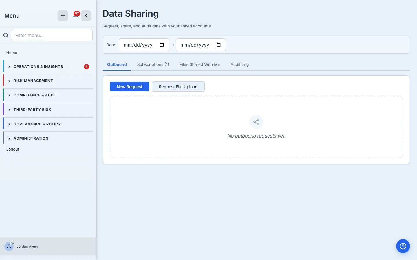 Parent admin's first visit — empty Outbound tab with the two top-level actions: New Request and Request File Upload.