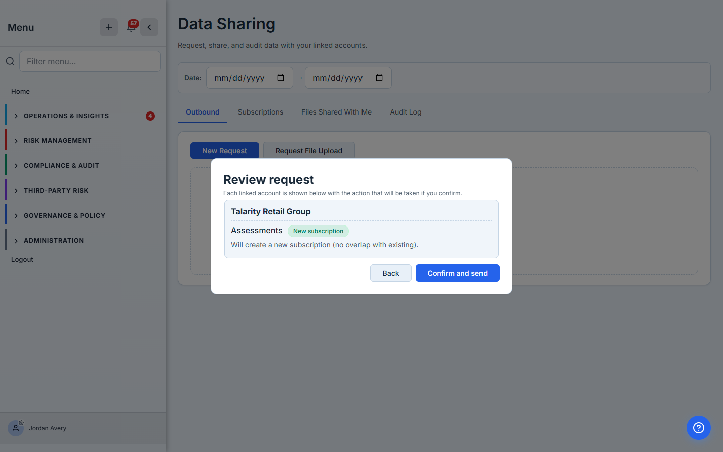 Review request confirmation — "Talarity Retail Group / Assessments — New subscription" with the note "Will create a new subscription (no overlap with existing)".