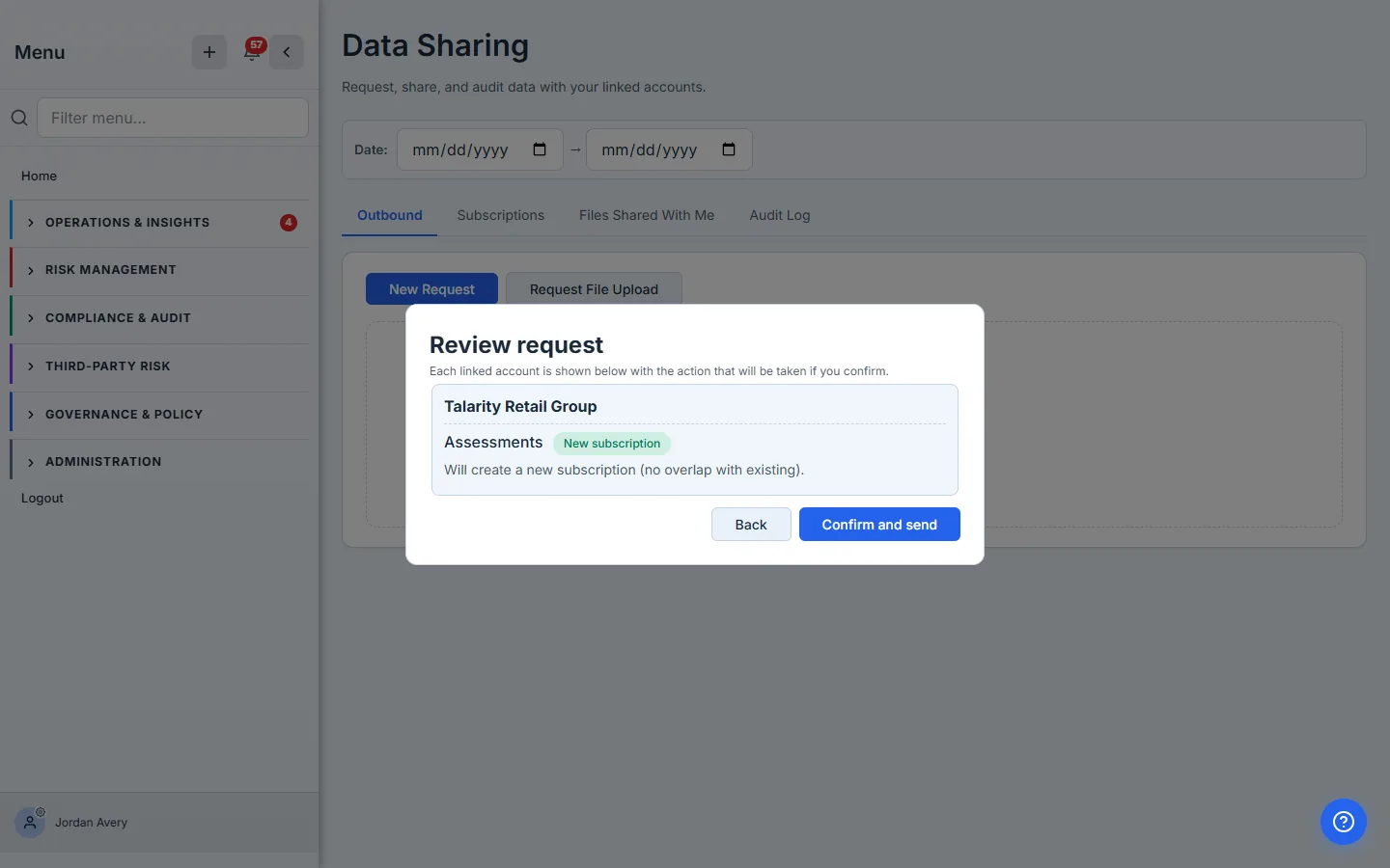 Review request confirmation — "Talarity Retail Group / Assessments — New subscription" with the note "Will create a new subscription (no overlap with existing)".