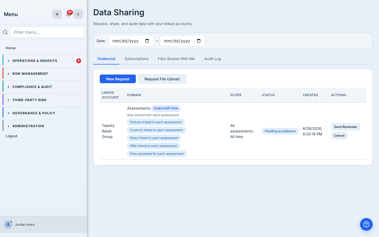 Outbound tab showing the pending subscription — domain Assessments, type SUBSCRIPTION, cascade chips listing policies / controls / risks / KRIs / files per assessment, scope "All assessments · All time", status Pending acceptance, Send Reminder + Cancel actions.
