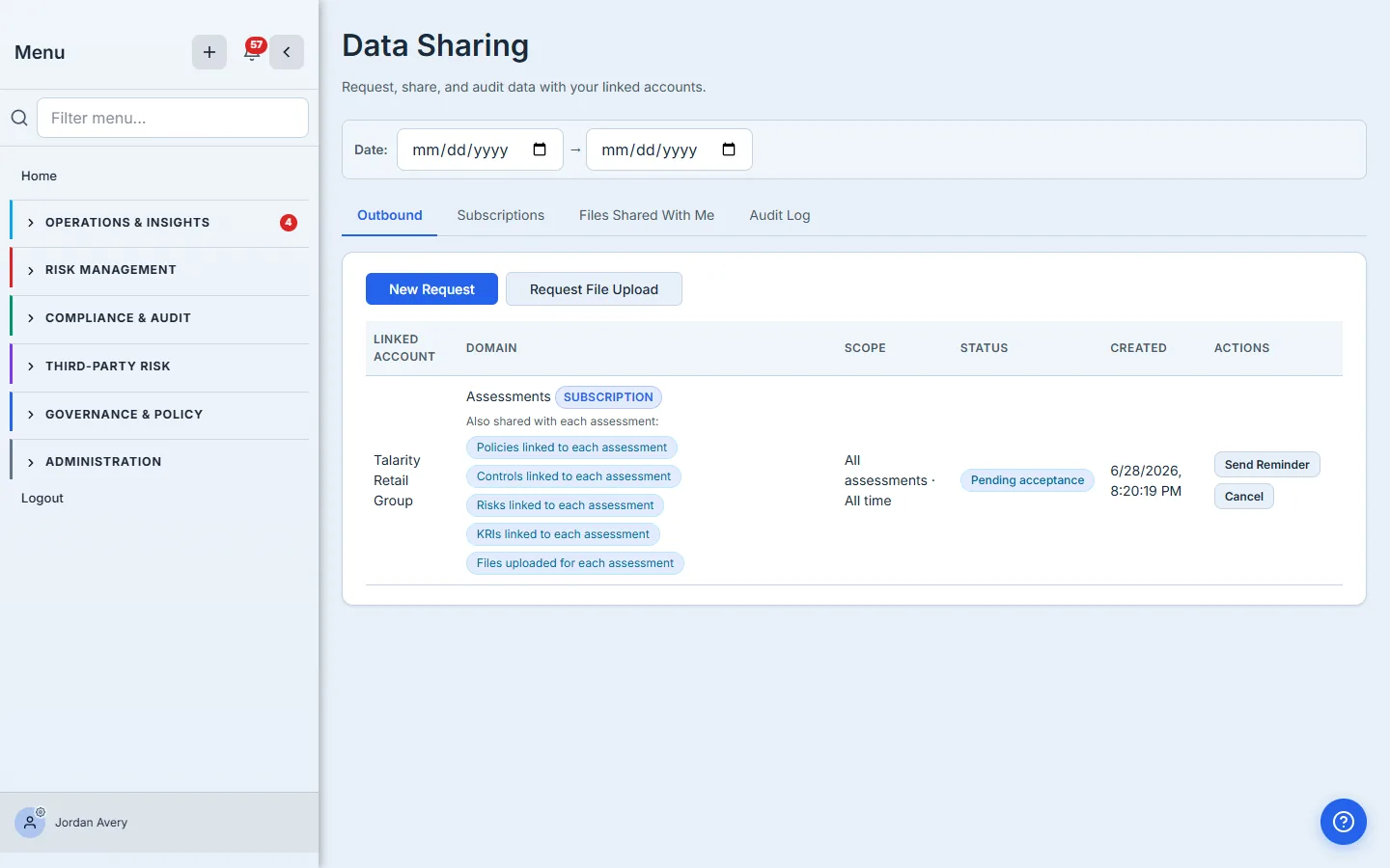 Outbound tab showing the pending subscription — domain Assessments, type SUBSCRIPTION, cascade chips listing policies / controls / risks / KRIs / files per assessment, scope "All assessments · All time", status Pending acceptance, Send Reminder + Cancel actions.