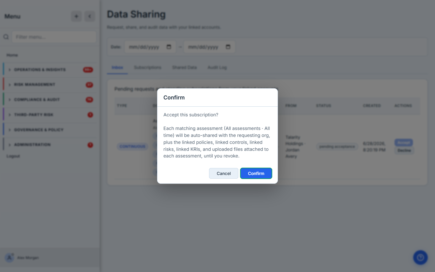 Confirm dialog with the full disclosure text the recipient must read before consenting — the same text is persisted verbatim to the consent log.