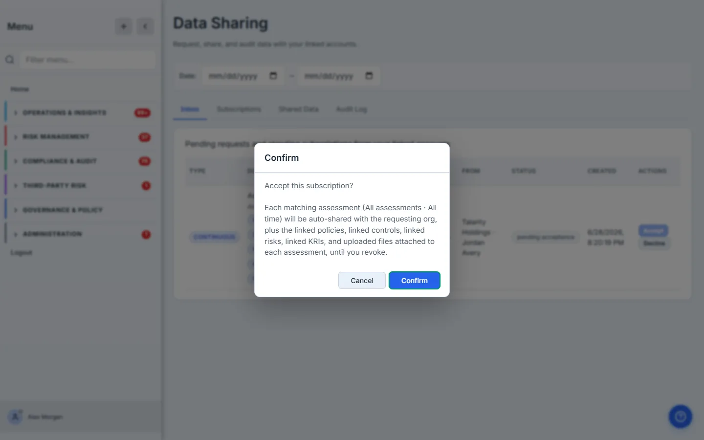 Confirm dialog with the full disclosure text the recipient must read before consenting — the same text is persisted verbatim to the consent log.