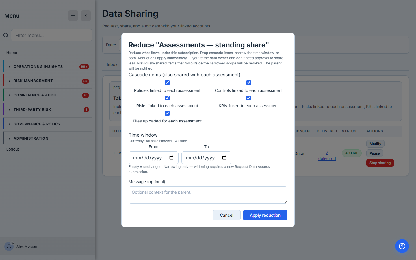 Reduce modal — cascade checkboxes for each linked type, a time window picker, an optional note, and the explainer "Reductions apply immediately — you're the data owner and don't need approval to share less. Previously-shared items that fall outside the narrowed scope will be revoked. The parent will be notified."
