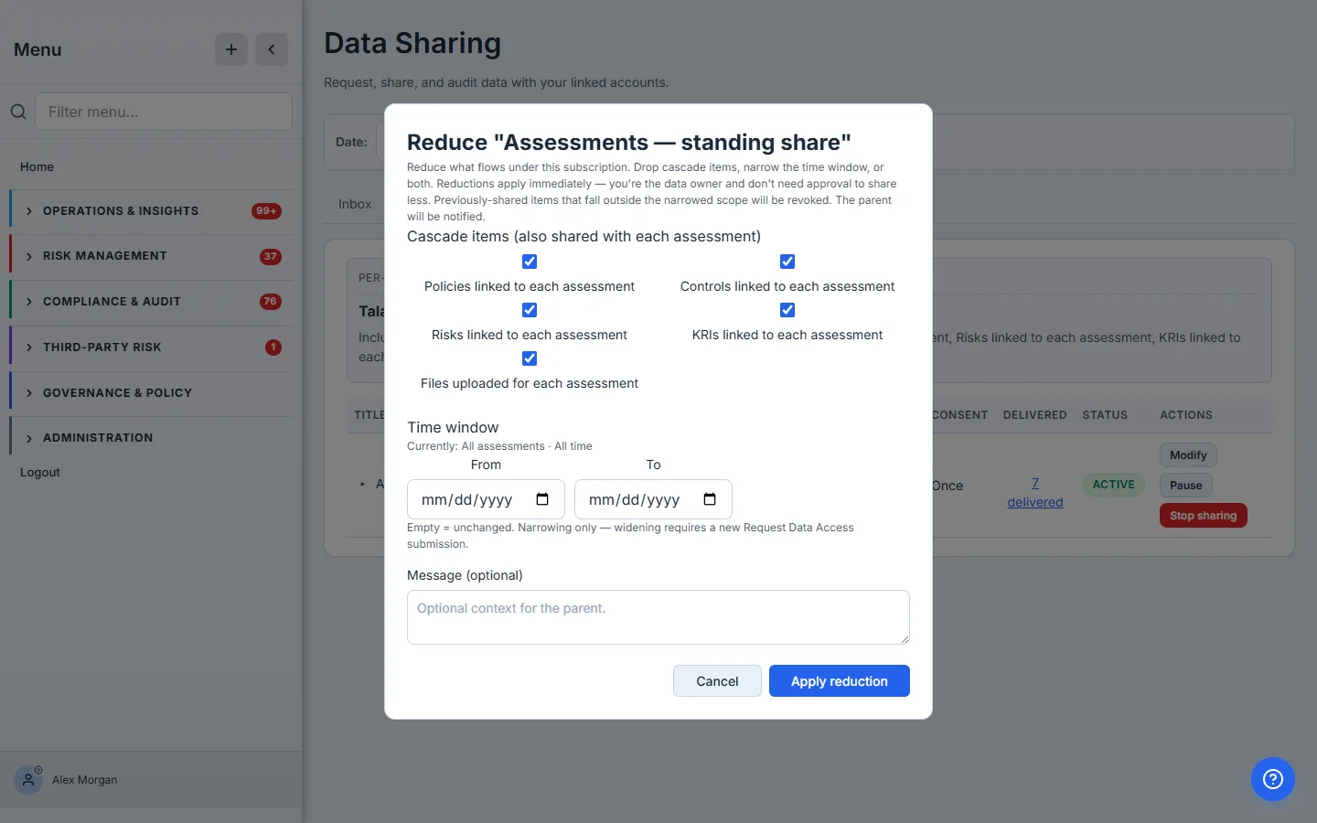 Reduce modal — cascade checkboxes for each linked type, a time window picker, an optional note, and the explainer "Reductions apply immediately — you're the data owner and don't need approval to share less. Previously-shared items that fall outside the narrowed scope will be revoked. The parent will be notified."