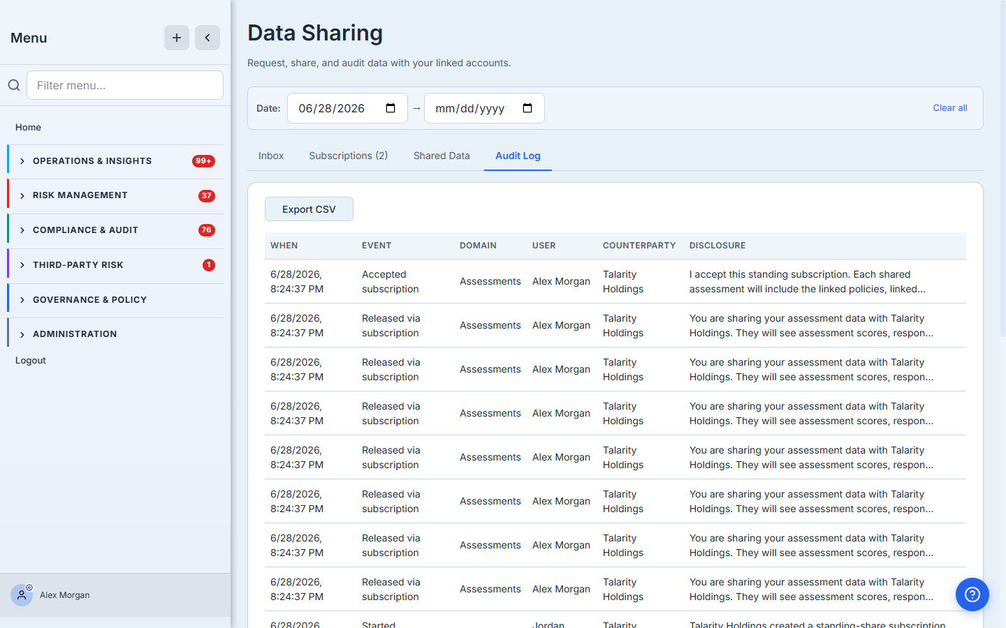 Child's Audit Log — When / Event / Domain / User / Counterparty / Disclosure columns. Accepted subscription followed by a Released-via-subscription row for each assessment that fanned out, every row stamped with the counterparty Talarity Holdings and the disclosure text. Export CSV button at the top.