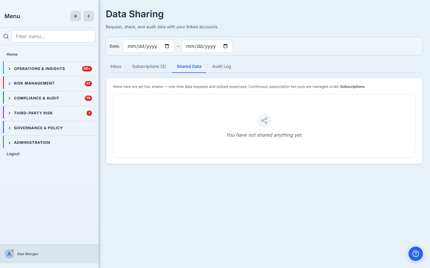 Shared Data tab empty state — the hub keeps ad-hoc results and continuous subscription fan-outs in separate tabs so the recipient always knows which primitive a given share belongs to.