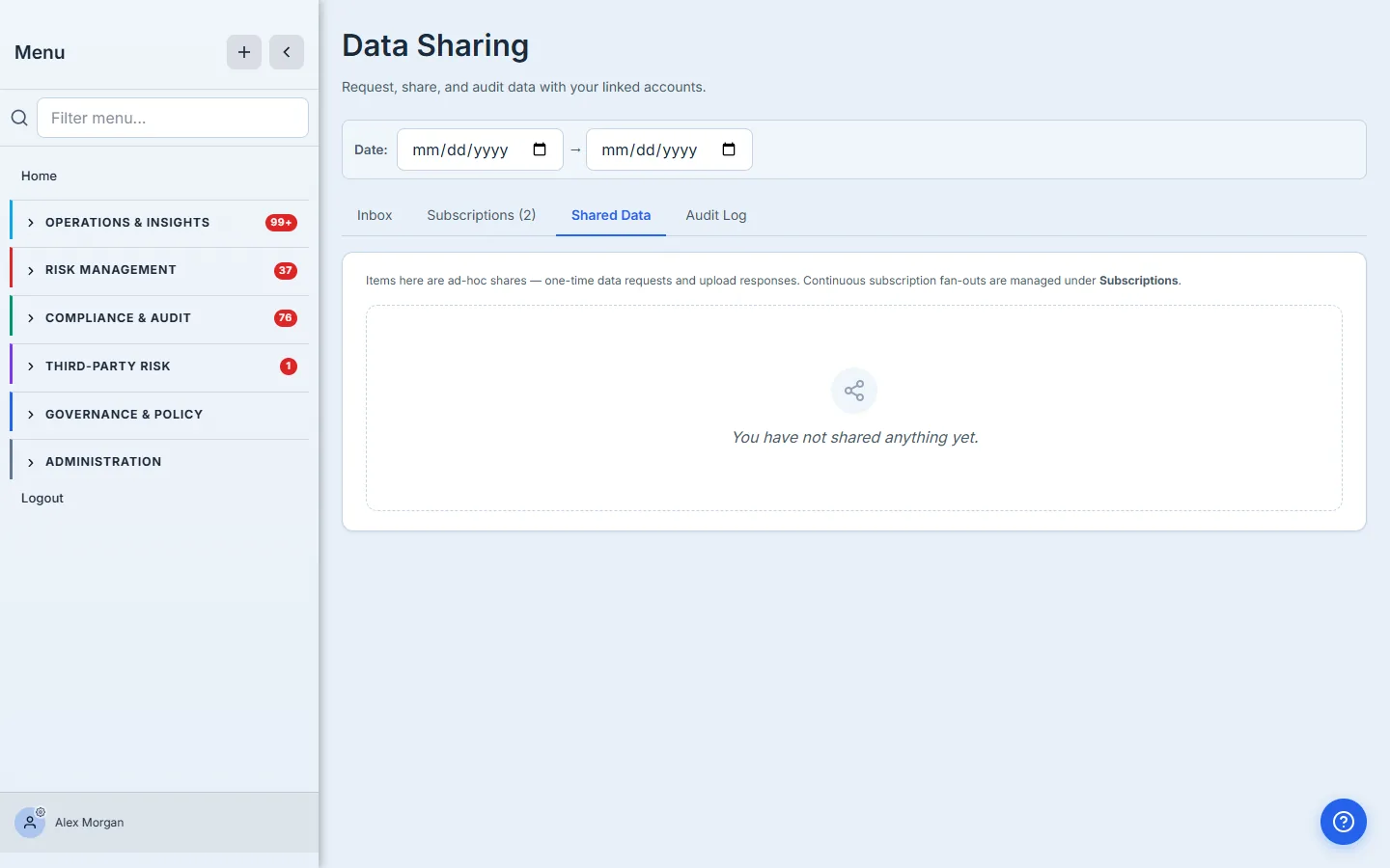 Shared Data tab empty state — the hub keeps ad-hoc results and continuous subscription fan-outs in separate tabs so the recipient always knows which primitive a given share belongs to.