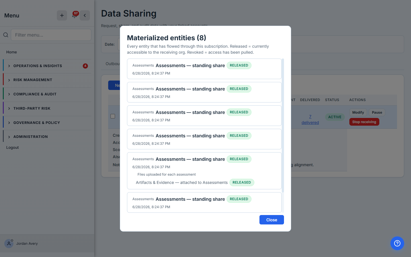 Materialized entities drawer — every entity that has flowed through this subscription, with a Released / Revoked badge so it's obvious which slices the parent still has access to.
