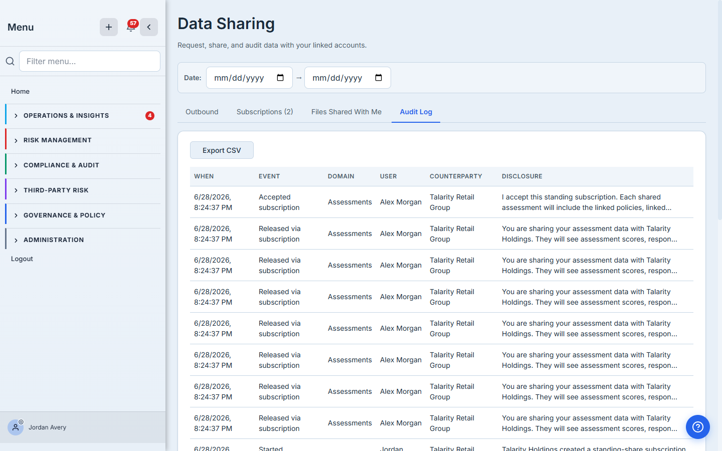 Parent's Audit Log — same shape as the child's, with Talarity Retail Group as the counterparty on every row.
