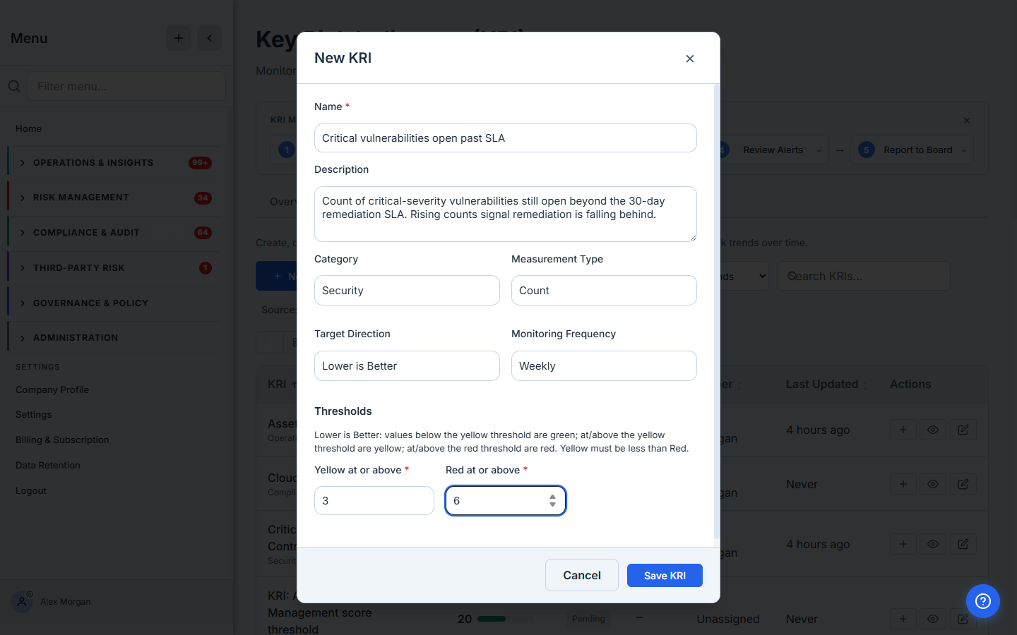 New KRI modal — name, description, category, measurement type, target direction, monitoring frequency, and the threshold bands.