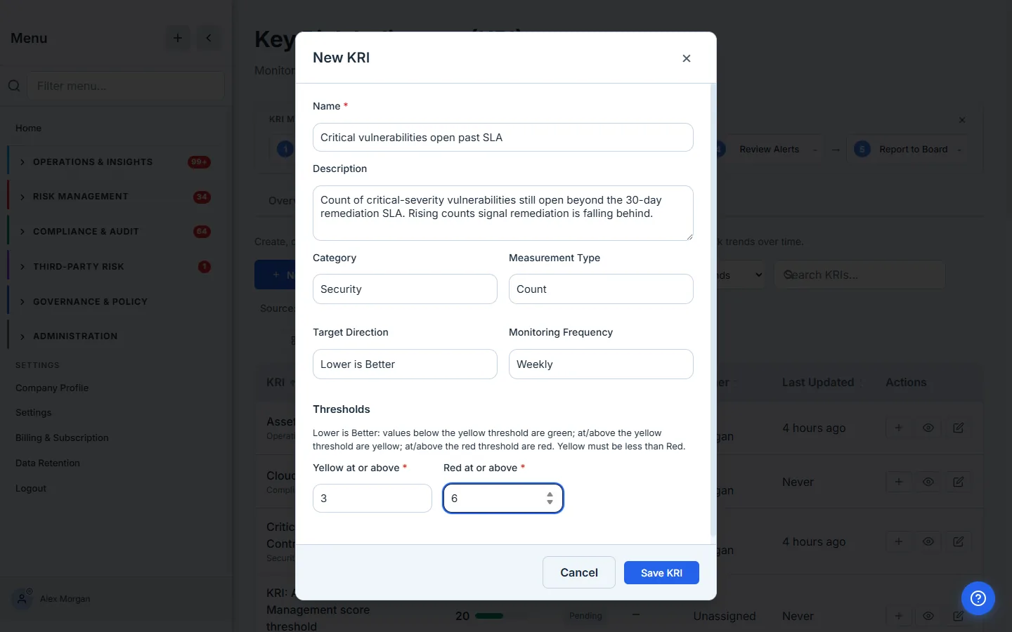 New KRI modal — name, description, category, measurement type, target direction, monitoring frequency, and the threshold bands.