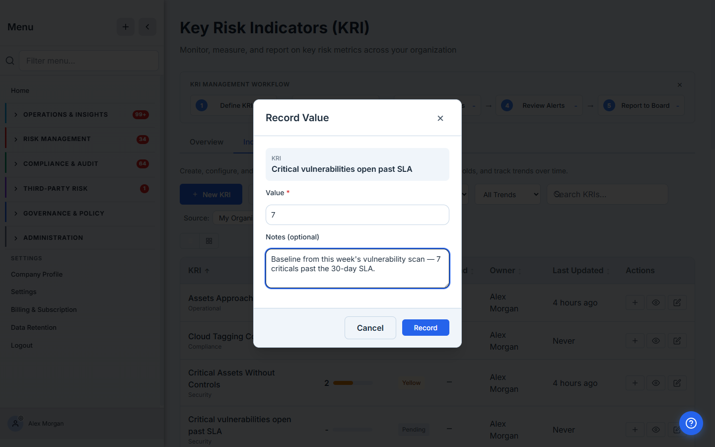 Record Value modal — the current value plus an optional note that's preserved in the measurement history.