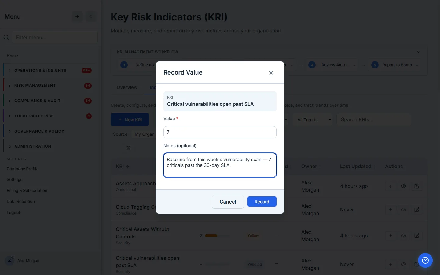 Record Value modal — the current value plus an optional note that's preserved in the measurement history.