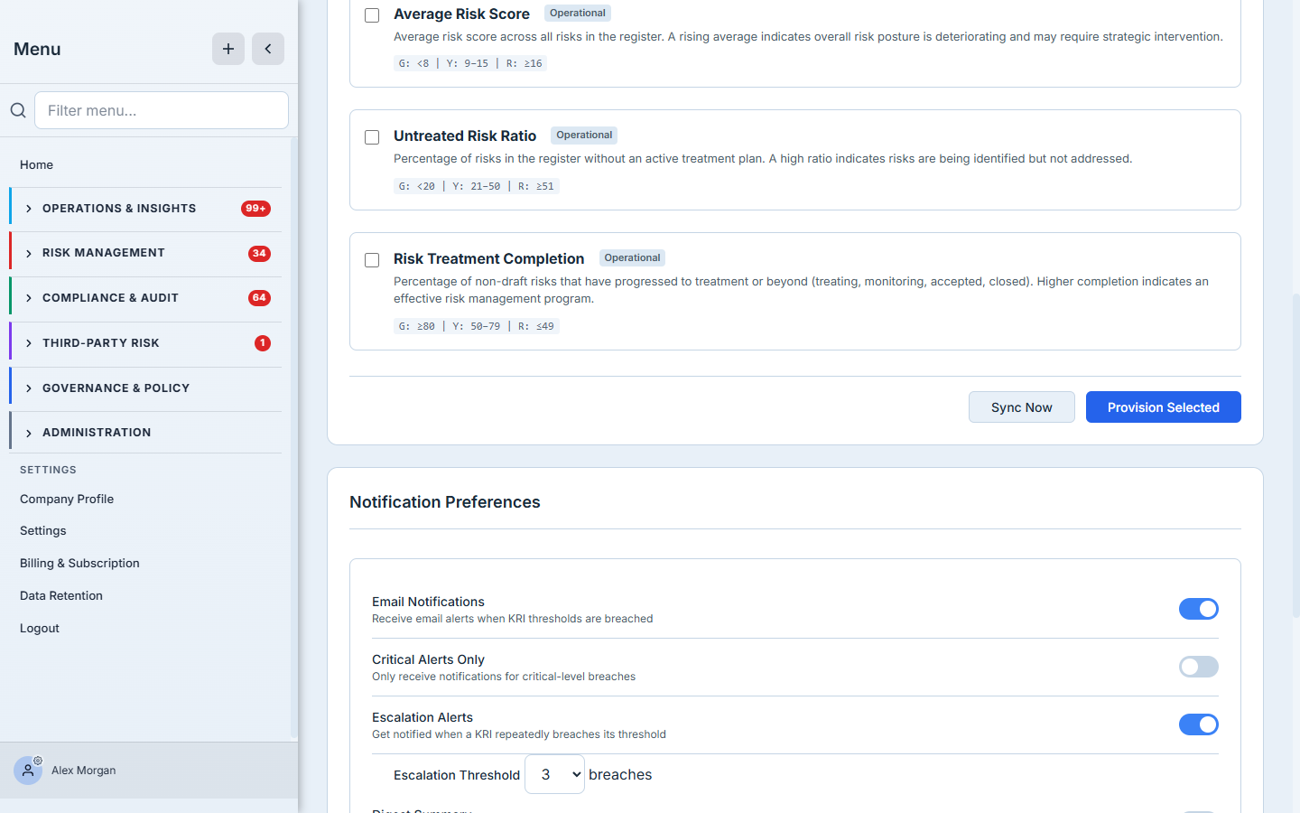 KRI Settings — Template Provisioning auto-generates KRIs from Risk Register, Assets, Assessments, CCL, Vulnerabilities, and Vendor data, each with default thresholds and a sync cadence.
