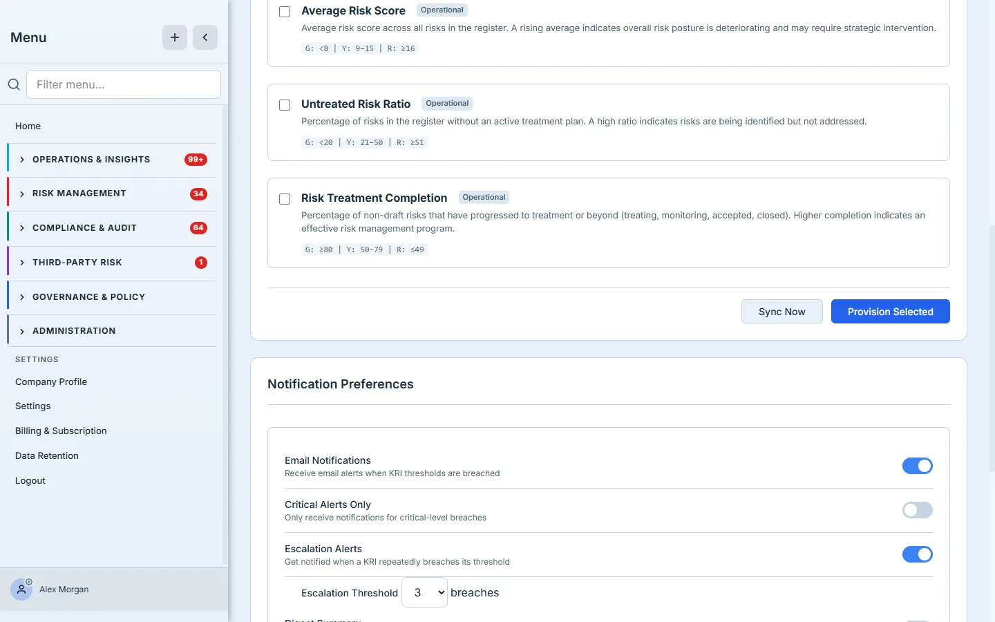 KRI Settings — Template Provisioning auto-generates KRIs from Risk Register, Assets, Assessments, CCL, Vulnerabilities, and Vendor data, each with default thresholds and a sync cadence.
