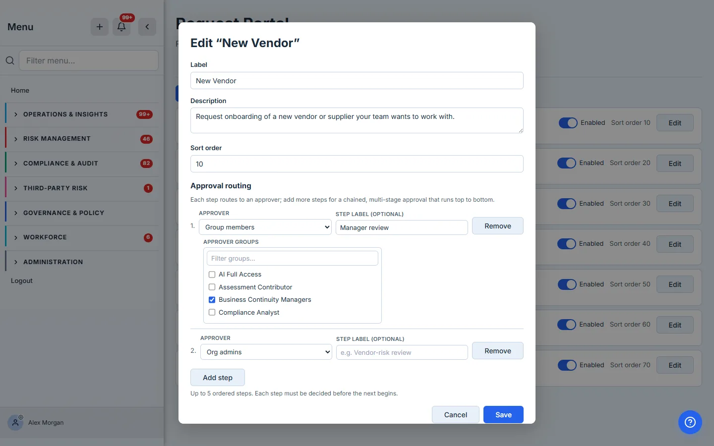 The Edit modal's Approval routing — step 1 routes to a named group with an optional step label, its group picker filtered inline; step 2 routes to Org admins. Up to five ordered steps, each decided before the next begins.