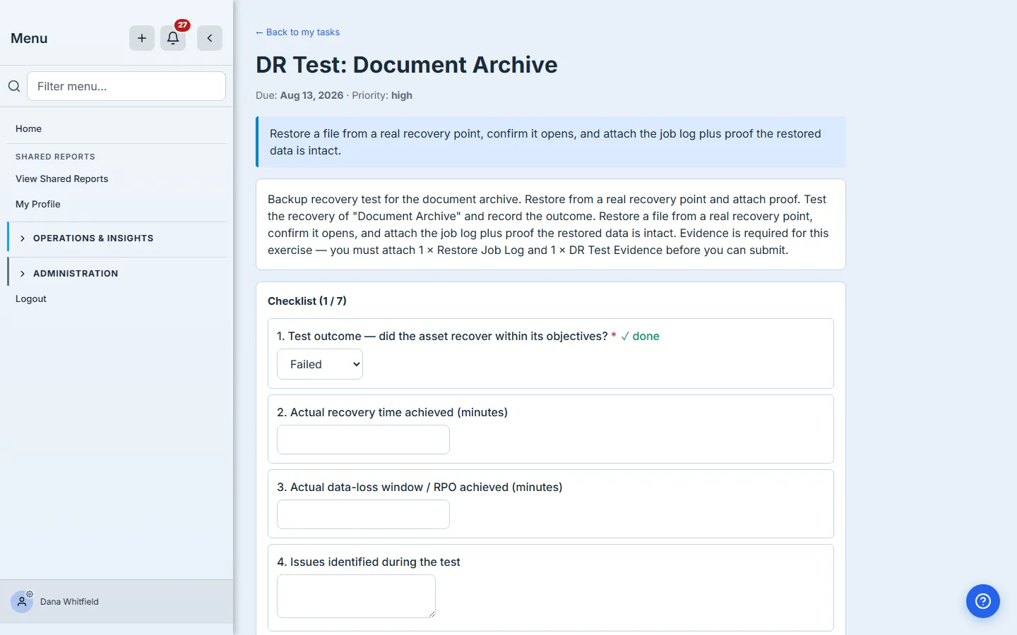 A DR test — the coordinator's instructions, then the fields to record.