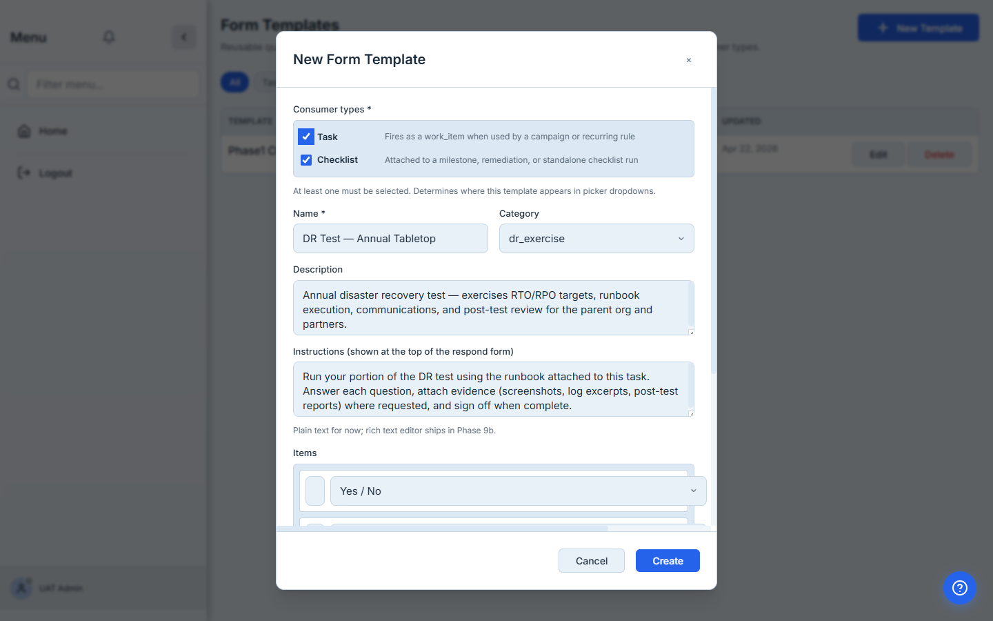 Form Builder showing the DR Test Annual Tabletop template with five question types.