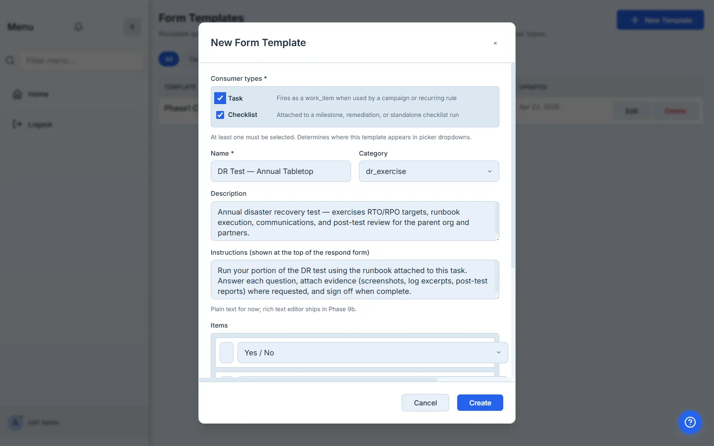 Form Builder showing the DR Test Annual Tabletop template with five question types.