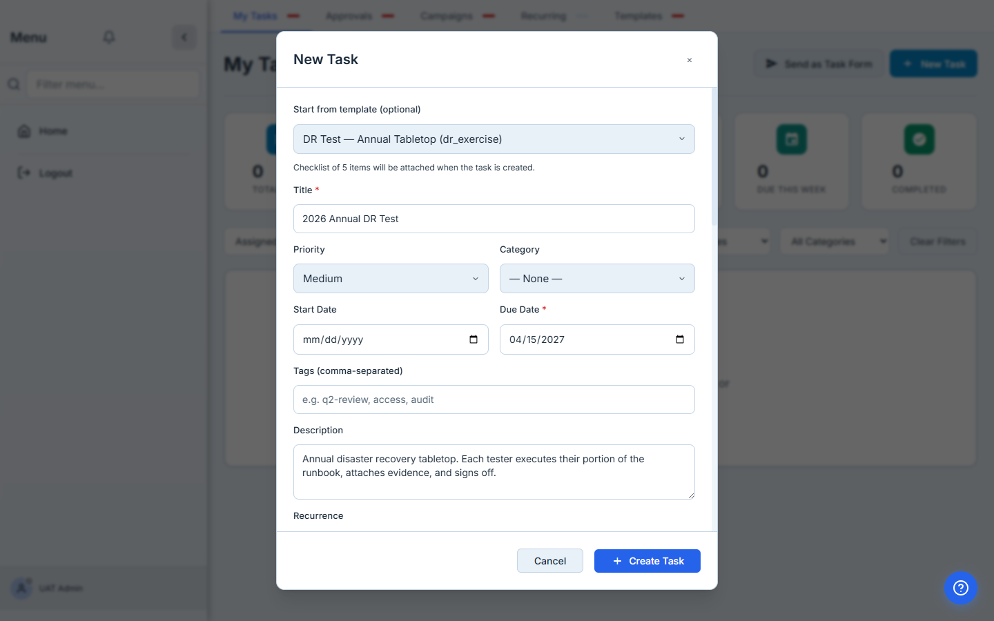 + New Task modal with title, recurrence, recipients, and template configured.